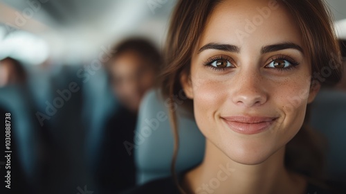 A content young woman with freckles sitting on a train, with a focused and present look, offering a glimpse into the joy of simple travel and mindfulness.