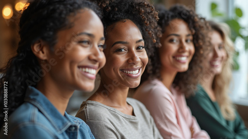 Diverse Women Smiling: Mosaic of Support for Community, Culture, and Expression. Ideal for Inclusivity Campaigns