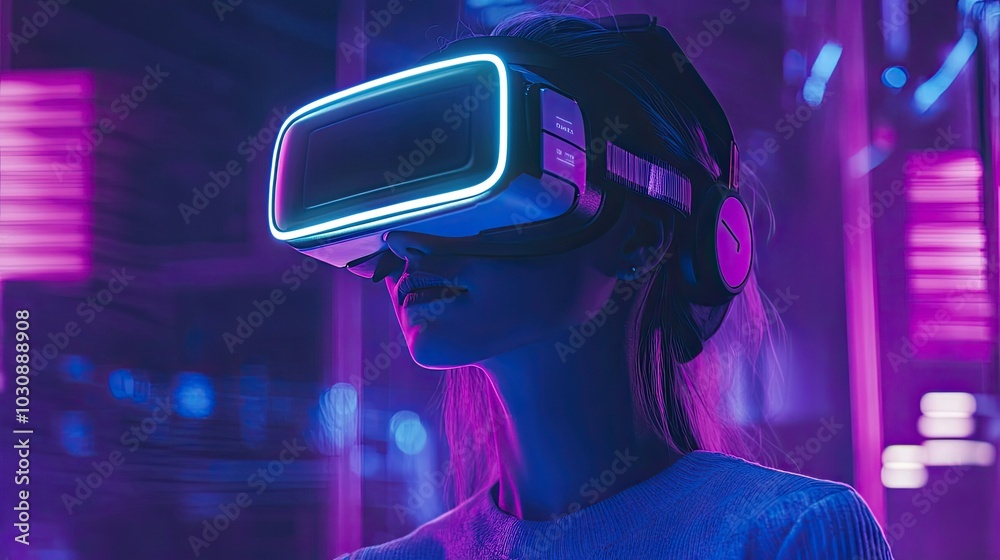 Metaverse technology concept. Woman with VR virtual reality goggles. Futuristic lifestyle Metaverse technology concept. Woman with VR virtual reality goggles. Futuristic lifestyle