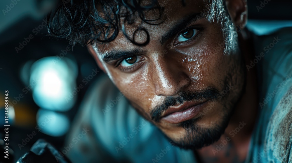 A determined male mechanic, deeply engrossed in his task, with intense focus evident on his oily and sweaty face, showcases raw dedication and resilience in labor. A determined male mechanic, deeply engrossed in his task, with intense focus evident on his oily and sweaty face, showcases raw dedication and resilience in labor.