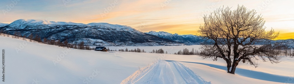 Fototapeta premium Winter landscape with snow-covered mountains and a solitary tree at sunset.