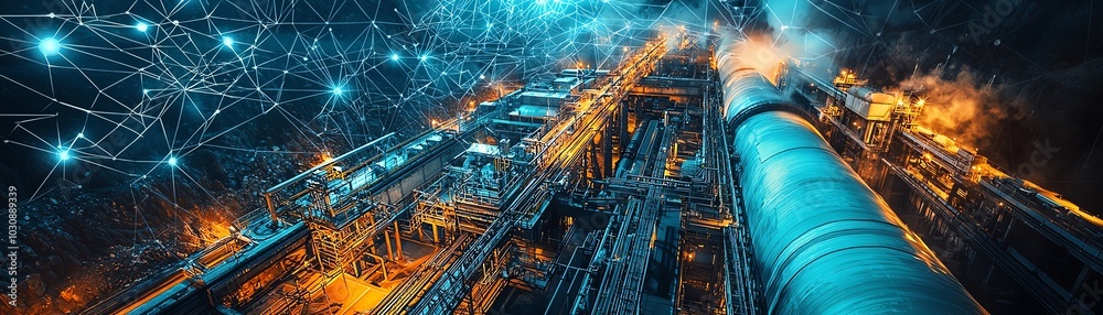 Aerial view of an industrial complex with smoke and digital connections illustrating modern technology in manufacturing.