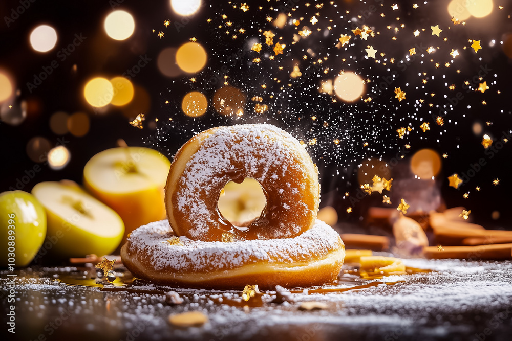 Two soft cinnamon donuts dusted with powdered sugar sit on a wooden table, serenely surrounded by fresh green apples and sparkling decorations, creating a warm and inviting atmosphere Two soft cinnamon donuts dusted with powdered sugar sit on a wooden table, serenely surrounded by fresh green apples and sparkling decorations, creating a warm and inviting atmosphere