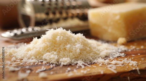 Close-up of Grated Parmesan Cheese on Wooden Board