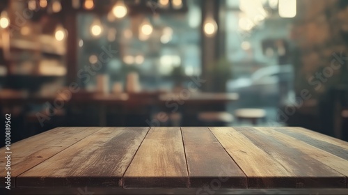 Empty wooden table space platform and blurry defocused restaurant interior, Vintage tone