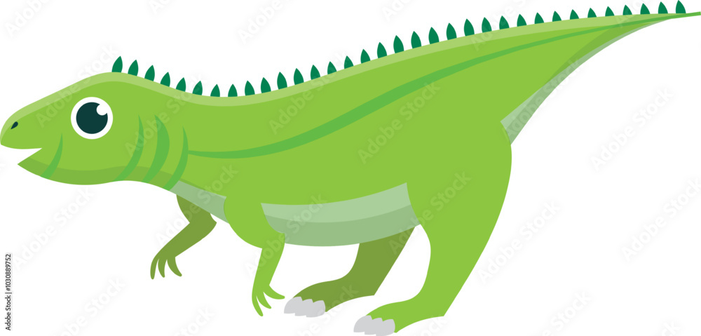 Obraz premium Smiling green iguana walks happily towards you in a cartoon illustration, perfect for kids interested in wildlife.
