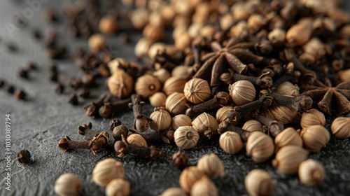 Close-up of Aromatic Spices: Cloves, Star Anise, Coriander Seeds, and Black Peppercorns