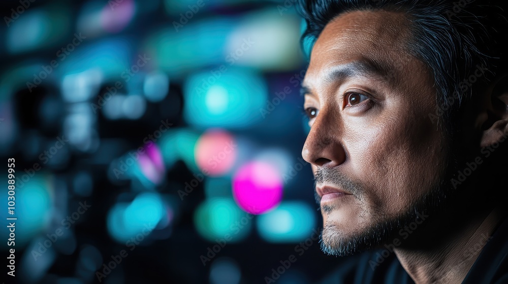 A peaceful individual is serene and focused, surrounded by glowing digital displays, highlighting a balance between tranquility and high-tech engagement. A peaceful individual is serene and focused, surrounded by glowing digital displays, highlighting a balance between tranquility and high-tech engagement.