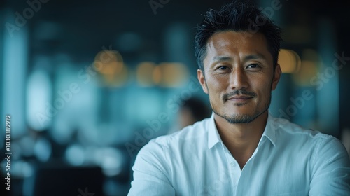 An image of a man in a white shirt, exuding relaxation and casual confidence against a softly lit contemporary background, symbolizing modern elegance and ease.