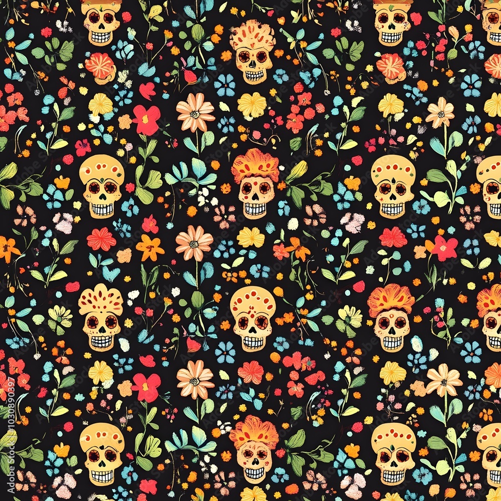 Fototapeta premium vibrant skull floral pattern day of the dead background,generative ai