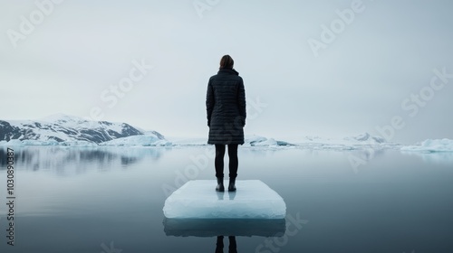 An individual clad in dark winter attire stands on a tiny ice floe, gazing across the vast and tranquil polar landscape, evoking a sense of isolation and wonder. photo