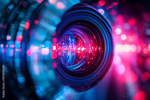 Red and Blue Lens Flare Bokeh Background with Metallic Texture