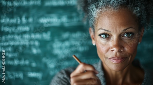 A confident professor with a pencil in hand stands near a chalkboard filled with equations, demonstrating confidence, authority, and intellectual proficiency. photo