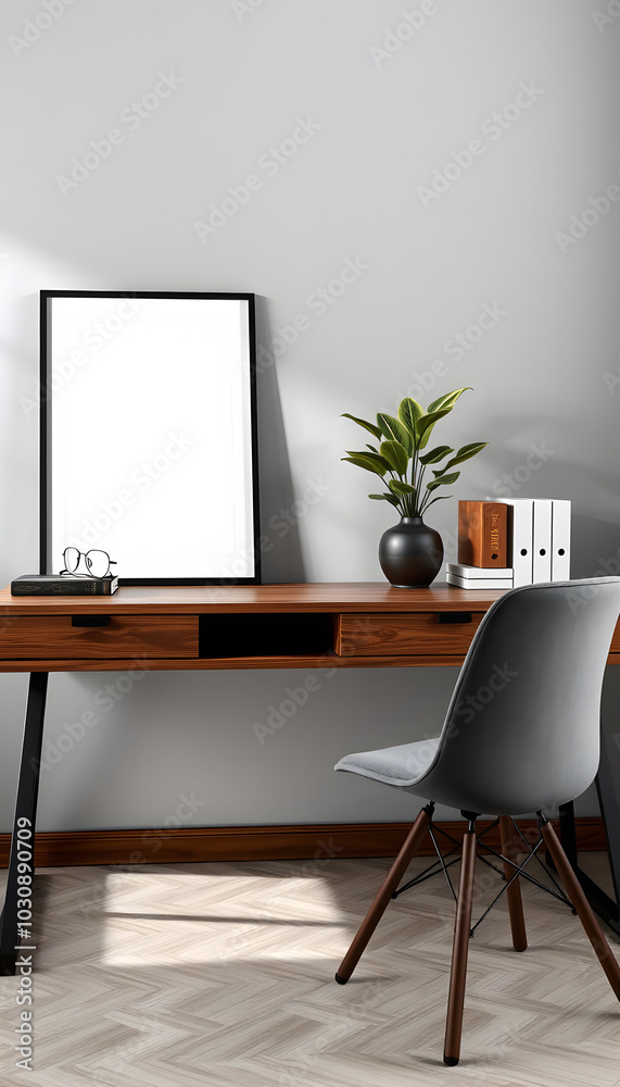 Modern home interior with mock up photo frame on the brown wooden table with office accessories, boxes, beautiful air plant in stylish pot. Grey walls. Minimal decor of home office desk isolated wit Modern home interior with mock up photo frame on the brown wooden table with office accessories, boxes, beautiful air plant in stylish pot. Grey walls. Minimal decor of home office desk isolated wit