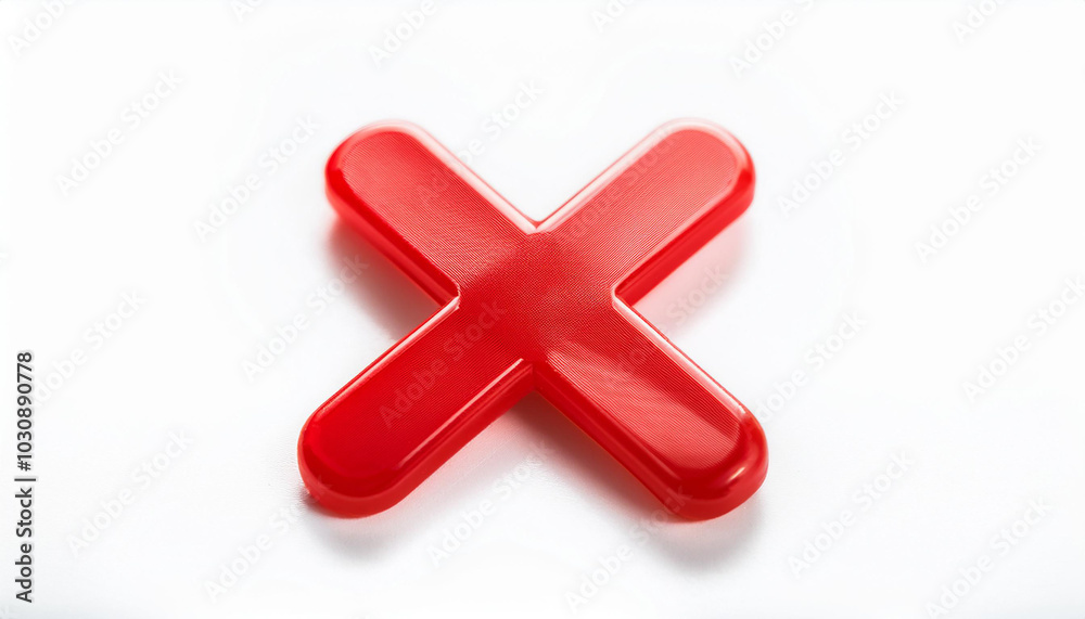 Shiny red cross mark isolated on white backdrop. Disapproval, error, mistake or cancellation concept Shiny red cross mark isolated on white backdrop. Disapproval, error, mistake or cancellation concept