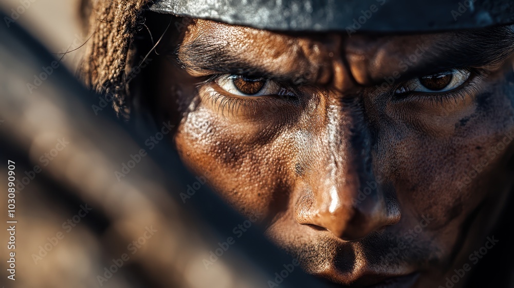 A soldier, rugged and intense, gazes ahead with a steadfast expression, symbolizing endurance, tenacity, and grit amidst challenging desert warfare scenarios. A soldier, rugged and intense, gazes ahead with a steadfast expression, symbolizing endurance, tenacity, and grit amidst challenging desert warfare scenarios.