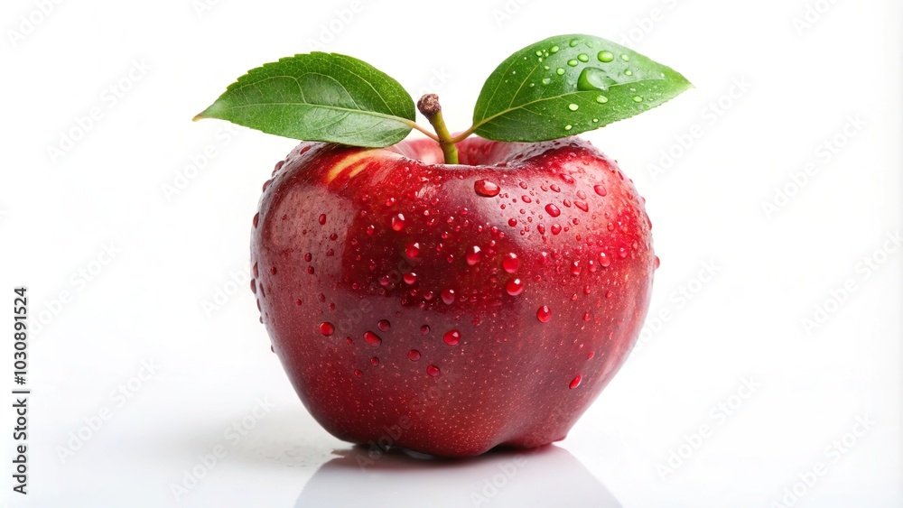 Fresh ripe red apple with leaf and water droplets on white background, leading lines Fresh ripe red apple with leaf and water droplets on white background, leading lines
