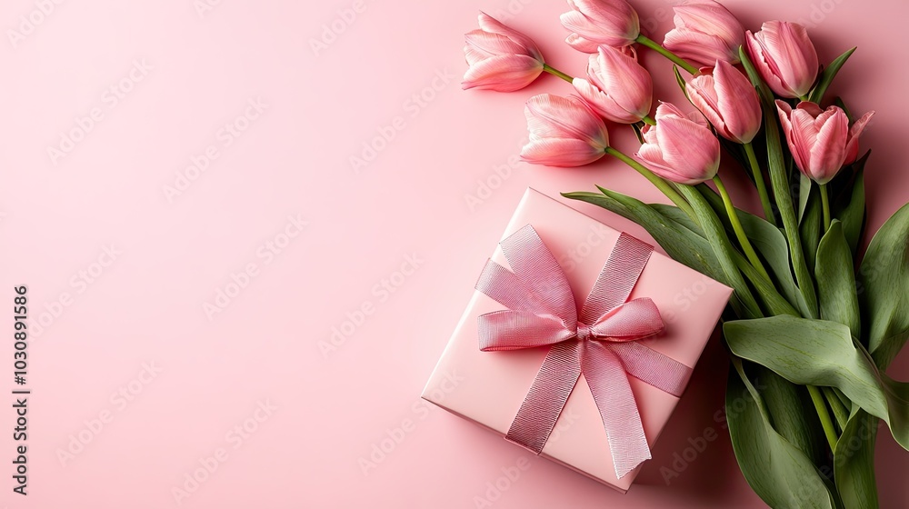stylish pink gift box with ribbon bow and bouquet of tulips on isolated pastel pink background stylish pink gift box with ribbon bow and bouquet of tulips on isolated pastel pink background