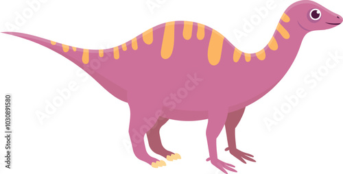Fototapeta Naklejka Na Ścianę i Meble -  Cheerful pink dinosaur with yellow stripes stands proudly, exuding prehistoric charm. Its whimsical design and friendly demeanor are sure to make you smile.