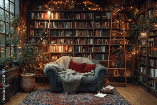 Cozy Reading Nook with a Bookshelf Wall