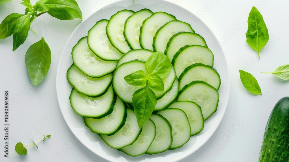 Fresh Cucumber Slices with Basil Leaves on a White Plate Fresh Cucumber Slices with Basil Leaves on a White Plate