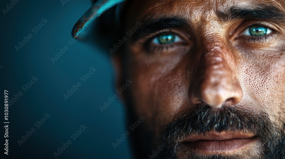A rugged man with striking blue eyes wearing a construction helmet, he's captured in a close-up, exuding confidence and a focus on his task. A rugged man with striking blue eyes wearing a construction helmet, he's captured in a close-up, exuding confidence and a focus on his task.