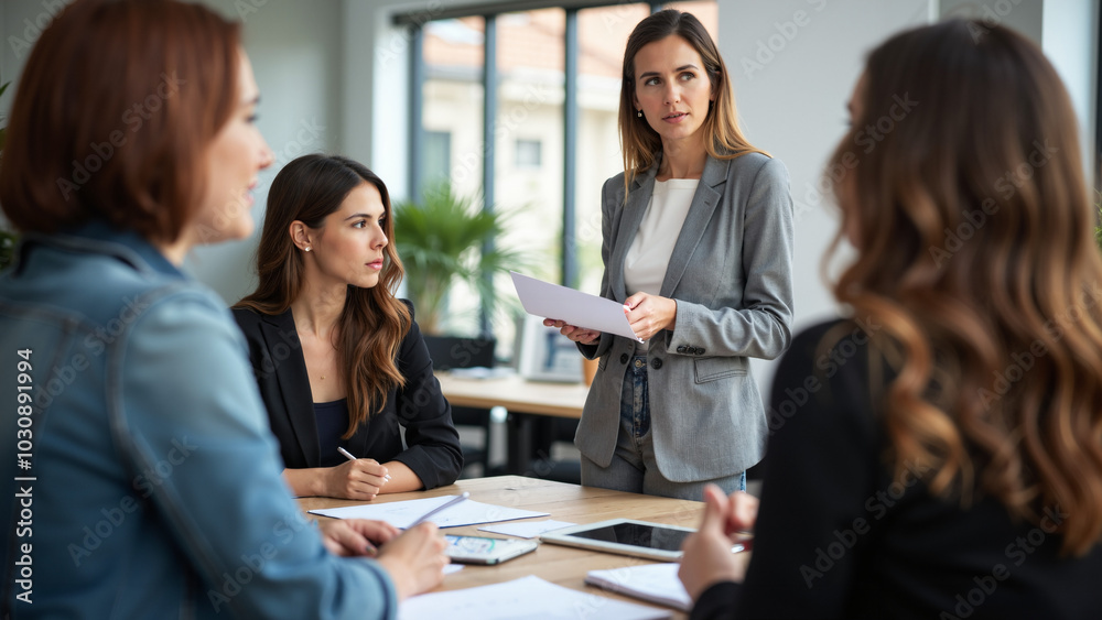 Business woman leading presentation: Startup team brainstorming, planning strategy, and discussing SEO in creative meeting Business woman leading presentation: Startup team brainstorming, planning strategy, and discussing SEO in creative meeting
