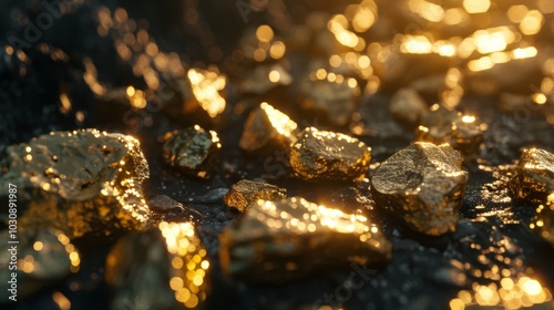 Close Up of Shiny Gold Nuggets, Precious Metal Texture