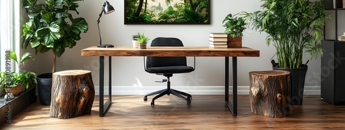 Design an office with natural wood flooring, black metal legs on the desk and two tree stump side tables, modern home interior