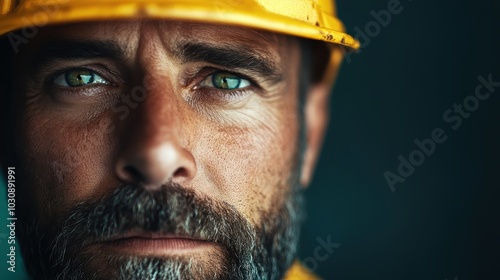 A close-up of a man wearing a yellow construction helmet. His piercing eyes and determined expression convey a sense of dedication and resilience in his work. photo