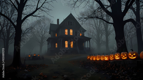 old, weathered building with Halloween decorations surrounding it