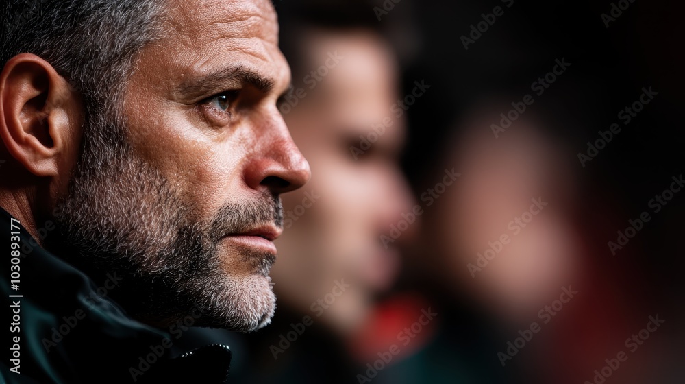 Side profile of a man with a contemplative expression, depicting depth of thought and focus, set indoors with surrounding figures blurred in soft focus. Side profile of a man with a contemplative expression, depicting depth of thought and focus, set indoors with surrounding figures blurred in soft focus.