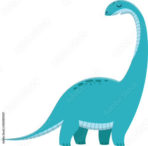 Cartoon illustration of a friendly brachiosaurus dinosaur from jurassic period, smiling and looking up with closed eyes.