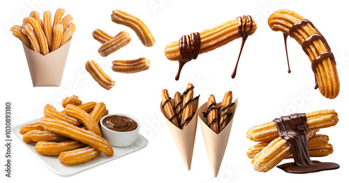 Churro churros fried dough bread choux fritters pastry on transparent cutout, PNG file. Many different angles, stack, pile, chocolate sugar coated, paper cone wrap. Mockup template for artwork design