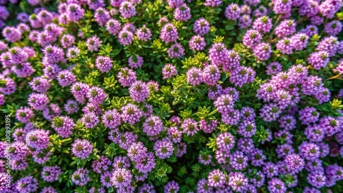 Aerial view of wild thyme flowers blooming in summer natural background