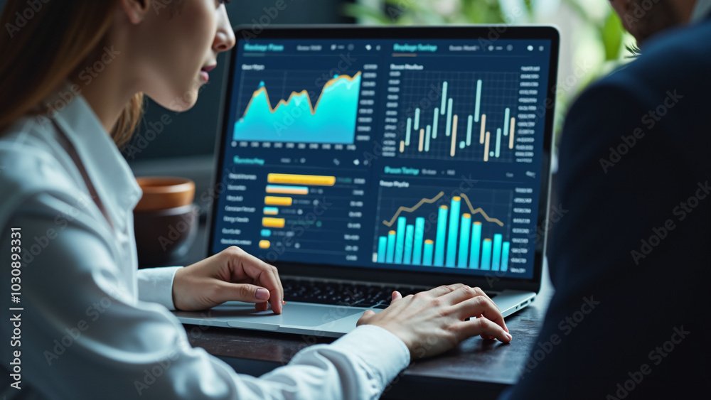 Top view: Diverse analyst team using BI dashboard for financial data analysis and strategic decisions Top view: Diverse analyst team using BI dashboard for financial data analysis and strategic decisions