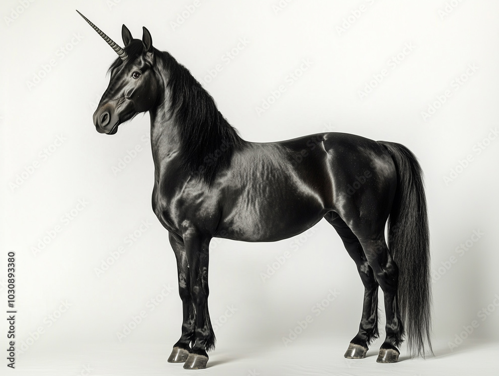 A majestic black unicorn standing elegantly against a white background. A majestic black unicorn standing elegantly against a white background.