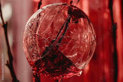 A Shattered Glass Sphere with Red Liquid Inside photo