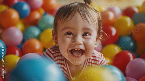 Joyful toddler immersed in vibrant ball pit, laughter and excitement fill the air, a world of color and playfulness surrounds them.