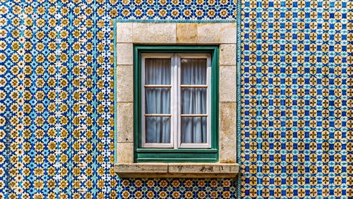 Aerial view of Lisbon window with Portuguese tile on wall