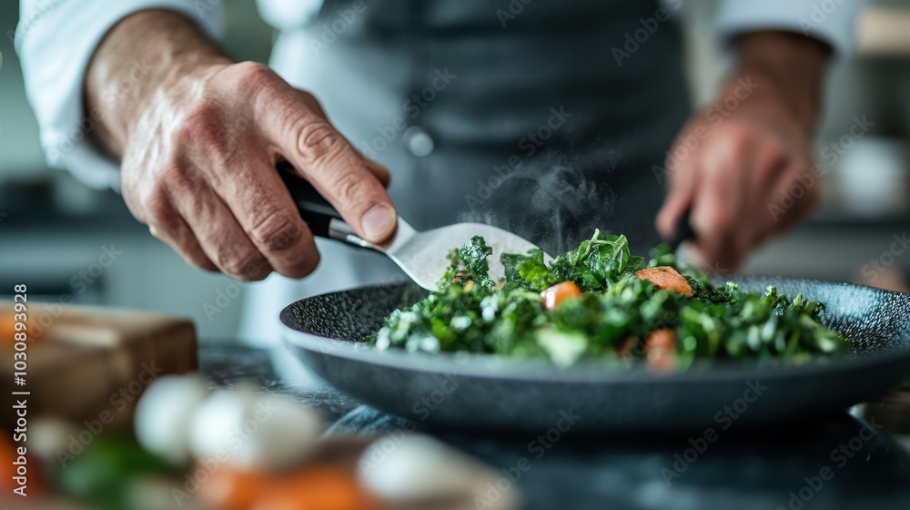 A chef expertly sautés a mix of fresh greens and vegetables in a skillet, capturing the essence of healthy cooking in an inviting kitchen atmosphere with skillful flair. A chef expertly sautés a mix of fresh greens and vegetables in a skillet, capturing the essence of healthy cooking in an inviting kitchen atmosphere with skillful flair.