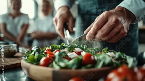 A chef prepares a fresh salad with vegetables and greens in an appealing style, illustrating the art of making healthy meals with care and precision in a bustling kitchen.