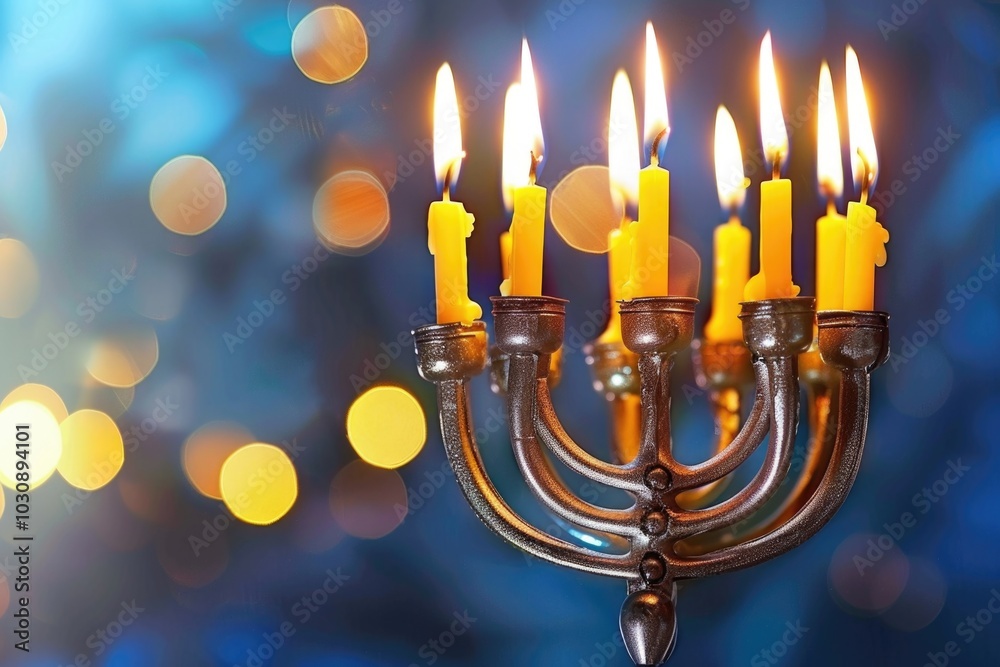 Menorah with lit candles on blue background Menorah with lit candles on blue background