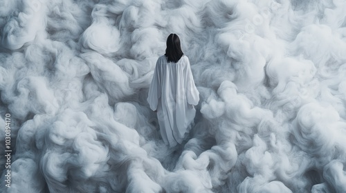 A mysterious woman draped in a flowing white gown walks through a sea of ethereal clouds, embodying the enigmatic allure of dreamlike and fantasy realms. photo