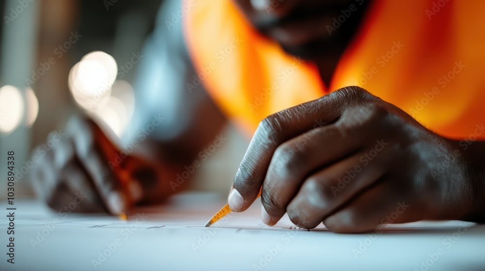 A focused person in an orange vest meticulously measures an architectural drawing, embodying attention to detail and precision vital for successful project execution. A focused person in an orange vest meticulously measures an architectural drawing, embodying attention to detail and precision vital for successful project execution.