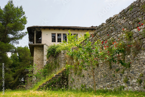An abandoned Ottoman house in the Castle or Kalaja quarter of Berat, southern Albania. Berat is UNESCO listed and is known as City of a Thousand Windows. The once beautiful house now has broken window