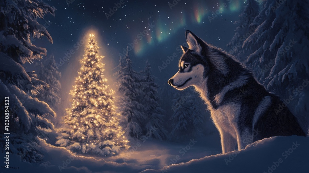 Thoughtful Dog Watching Illuminated Tree in Snow-Covered Forest Under Northern Lights