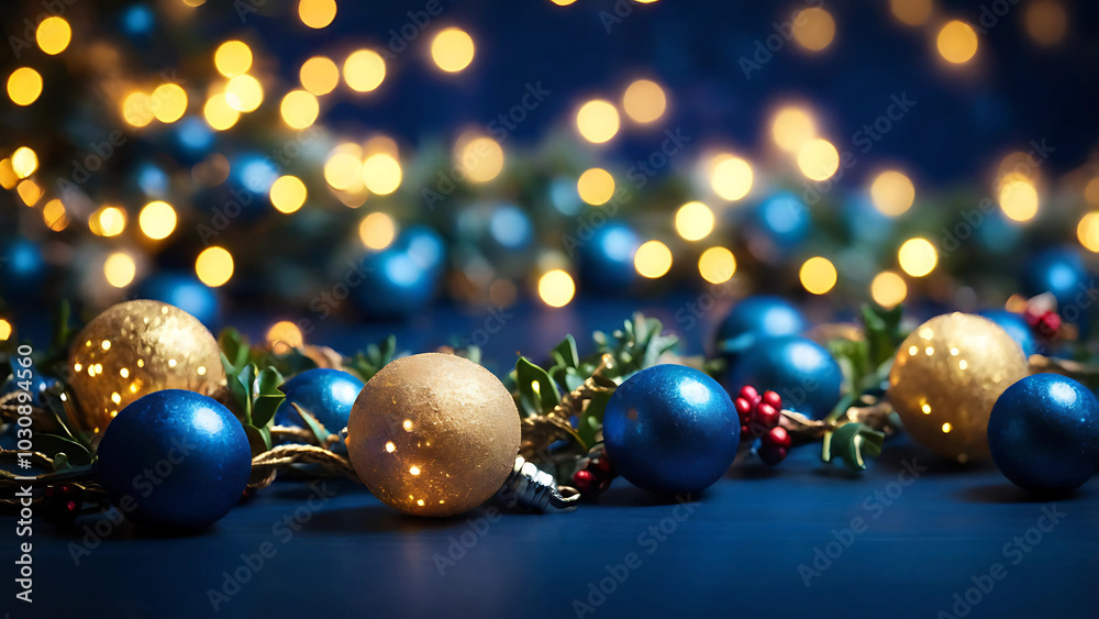 Christmas Garland with Bokeh Lights A Festive Decoration Against a Deep Blue Background Christmas Garland with Bokeh Lights A Festive Decoration Against a Deep Blue Background