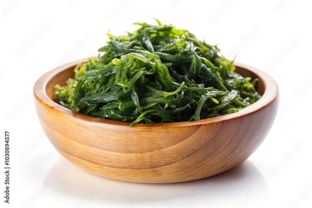 fresh hijiki or tot seaweed in wood bowl over white background Close-Up fresh hijiki or tot seaweed in wood bowl over white background Close-Up