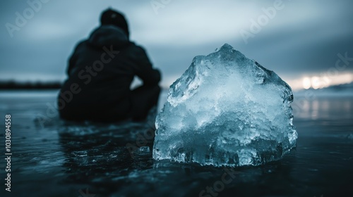 A solitary figure sits beside a crystalline ice block in a vast icy landscape, embodying the quiet solitude and stark beauty of the cold wilderness. photo